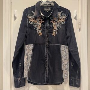 Grace LA Snap Button Shirt Women’s Size Med Embroidered Embellished Lace Western